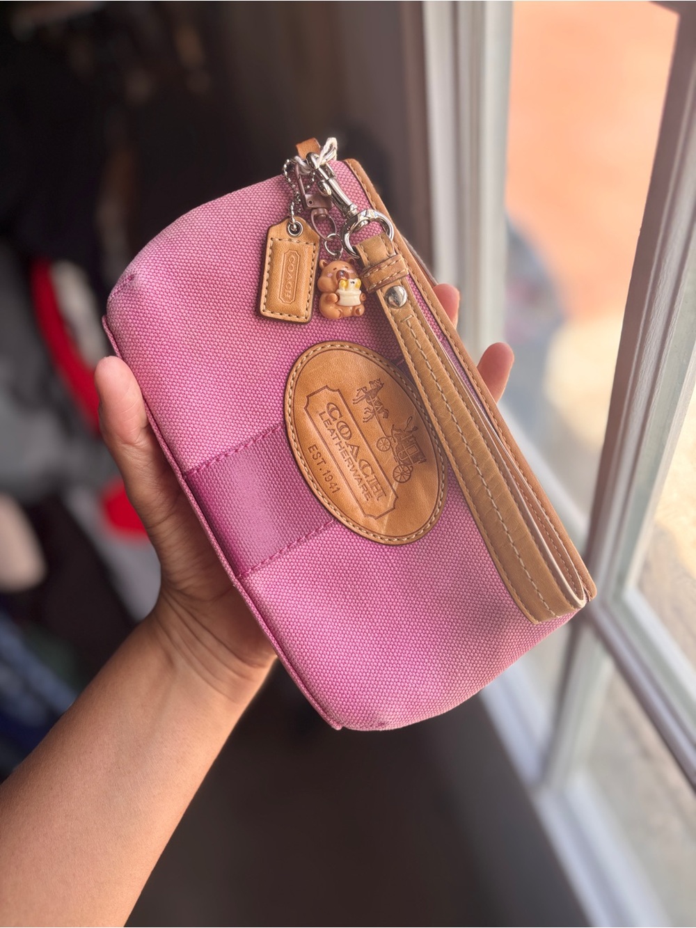 Coach Pink Canvas Wristlet with Tan Leather Trim and Logo Patch